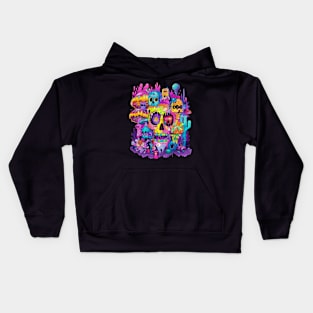 Neon occult Halloween, day of the dead, skull design. Kids Hoodie